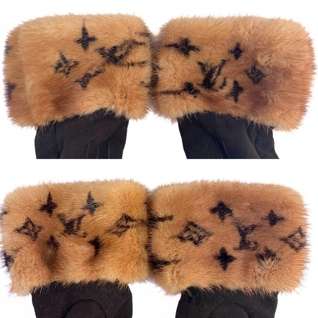 LOUIS VUITTON LV Monogram Logo Mink Suede Gloves Brown Vintage