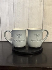 Set of 2 Bee Kind Dusty Blue Stoneware Mugs 20oz Handmade Look VGC