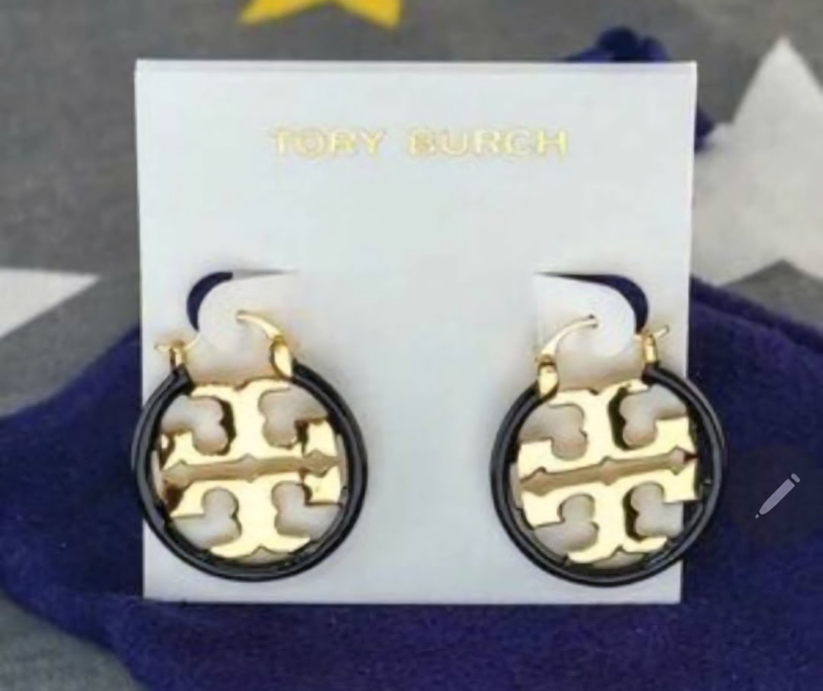 Tory Burch Gold Black Metal Hoop Dangle Earrings Round Hook Lobe thumbnail 3