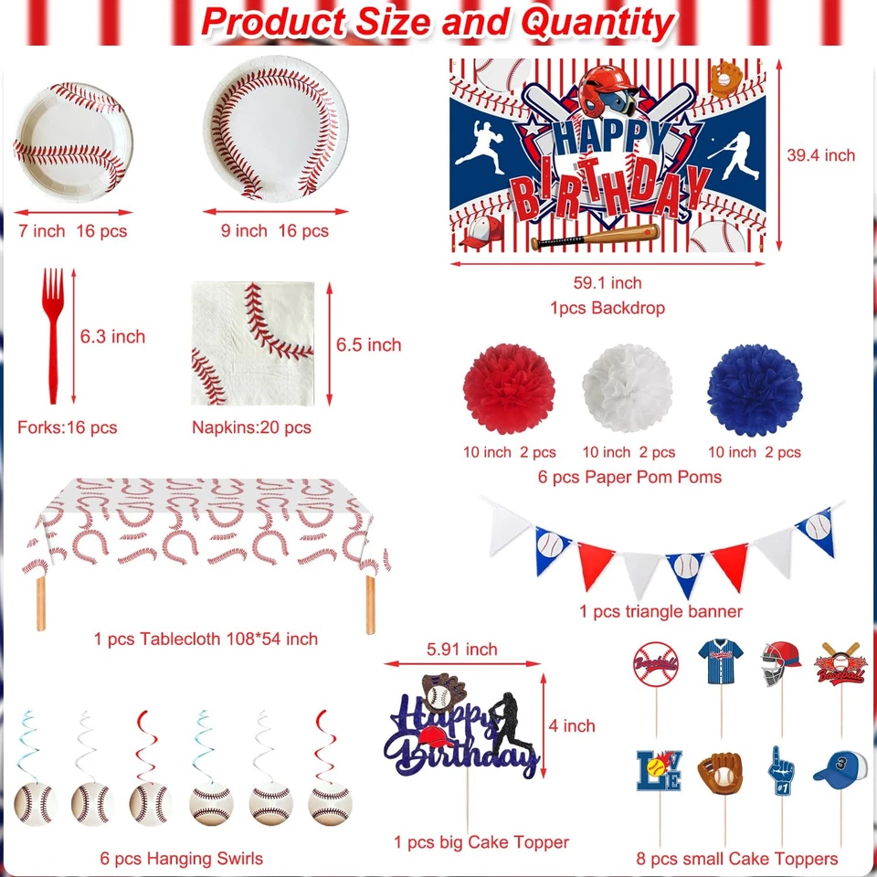 Decoraciones de fiesta de cumpleaños de béisbol, incluye platos, servilletas, remolinos colgantes,... Foto 2 de 4