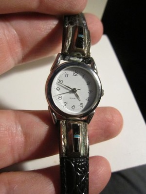 VINTAGE HADLEY ROMA STERLING SILVER ONYX TURQUOISE WATCH BAND & WATCH - OFC-V