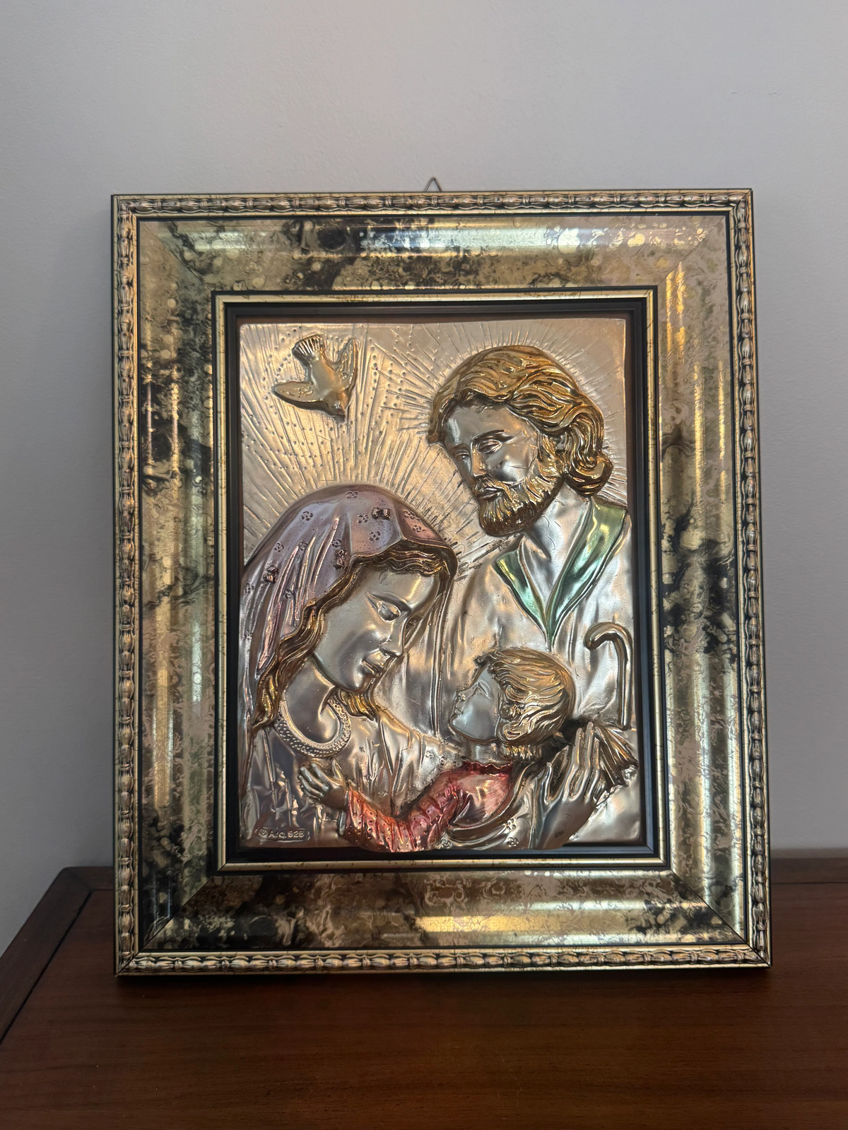 Vintage Italian Sterling Silver Arg 925 3D Framed Holy Family Mary Joseph Jesus