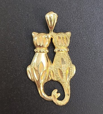 14K Gelbgold liebevolle Katzen Kätzchen Zwillinge Halskette Anhänger Charm 1,2 Gramm