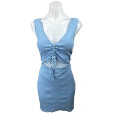 Lulus Go With You Light Blue Ribbed Ruched Cutout Sleeveless Bodycon Dress Sz L
