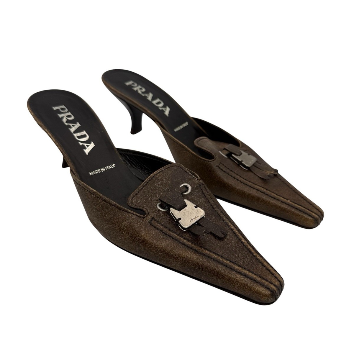 Vintage Prada Bronze Brown Leather Kitten Heel Mule Slides Sz 35.5