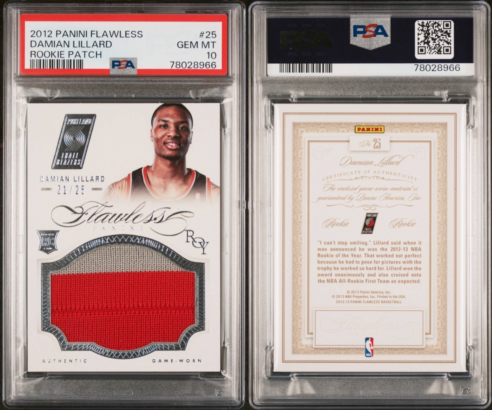 2012 Flawless Damian Lillard ROY Rookie Patch /25 PSA 10 Pop 1 Game Worn RC view 7