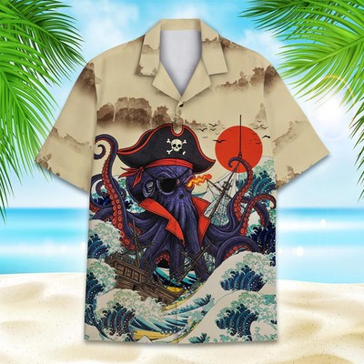 Pirate Octopus Hawaiian Shirt Beach Aloha Tropical Mens Womens