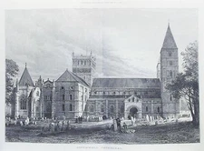 OLD ANTIQUE PRINT SOUTHWELL CATHEDRAL NOTTINGHAMSHIRE c1884 ENGRAVING by READ