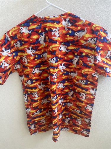 Scrubs Scrub Top Cartoon Halloween Ghost Pumpkins Stars Moon Orange Sparkle Sm - Picture 7 of 12