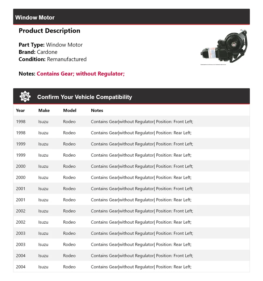 For 1998-2004 Isuzu Rodeo Window Motor Cardone 1999 2000 2001 2002 2003 - Image 2 of 4