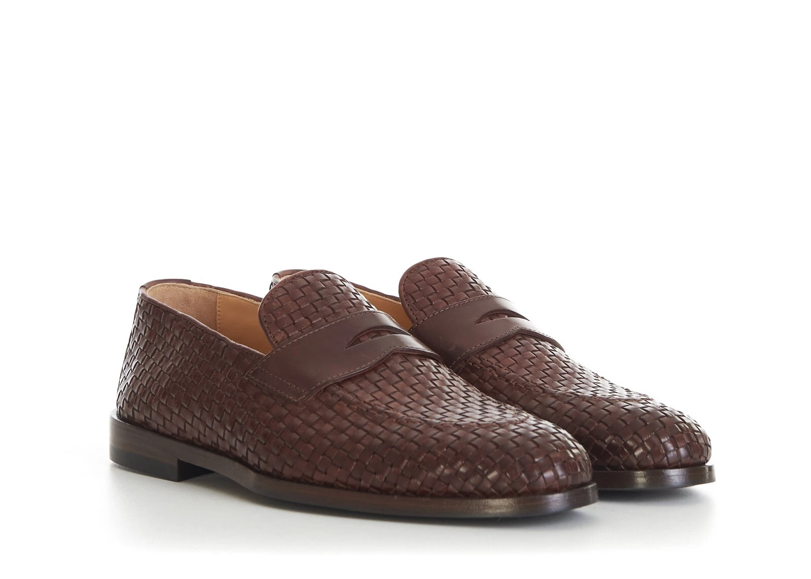 Brunello Cucinelli — BRUNELLO CUCINELLI 1395$ Brown Woven Calfskin Penny Loafer Shoes