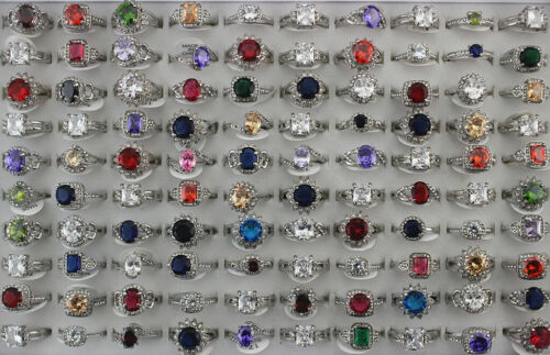 Wholesale 32pcs Mixed Lots Silver P Lady's Cubic Zirconia Rhinestone Charm Rings - Afbeelding 1 van 12