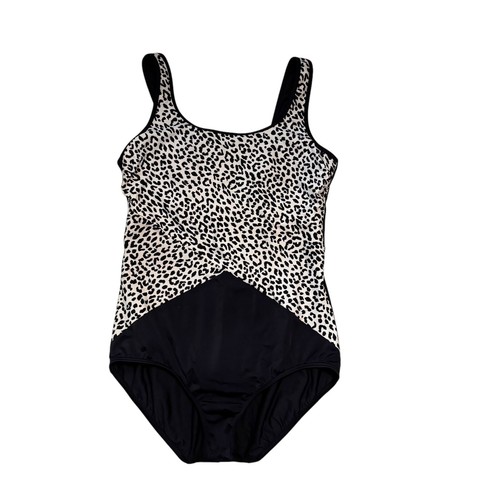 LANDS' END 12 Slender Scoop Neck Tank Swimsuit Animal Black Leopard EUC