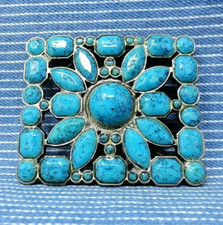 Southwestern Floral Dress Belt Buckle Faux Turquoise Cowgirl Boho Vtg 90s.CVB855