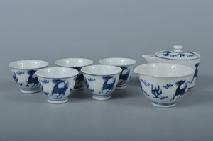 M1397: Japanese Kiyomizu-ware Kirin pattern TEAPOT YUSAMASHI CUPS, Eizan made