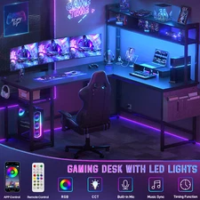 L Shaped Gaming Desk with Charging Station & LED Lights Reversible Computer Desk