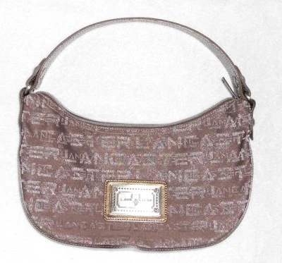 LANCASTER petit sac à main toile siglée taupe garnitures cuir verni TBE - Photo 1/4