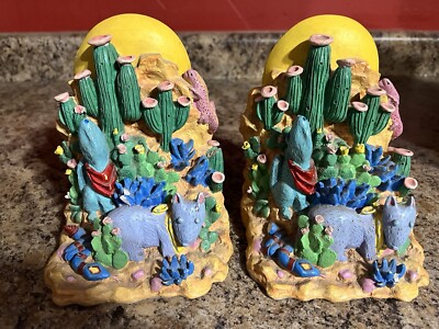 Rare Figi Bookends 1992 Desert Cactus Howling Scenic Southwestern Damage