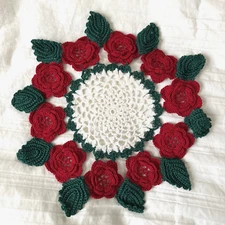 Vintage Crocheted Red Roses Doily