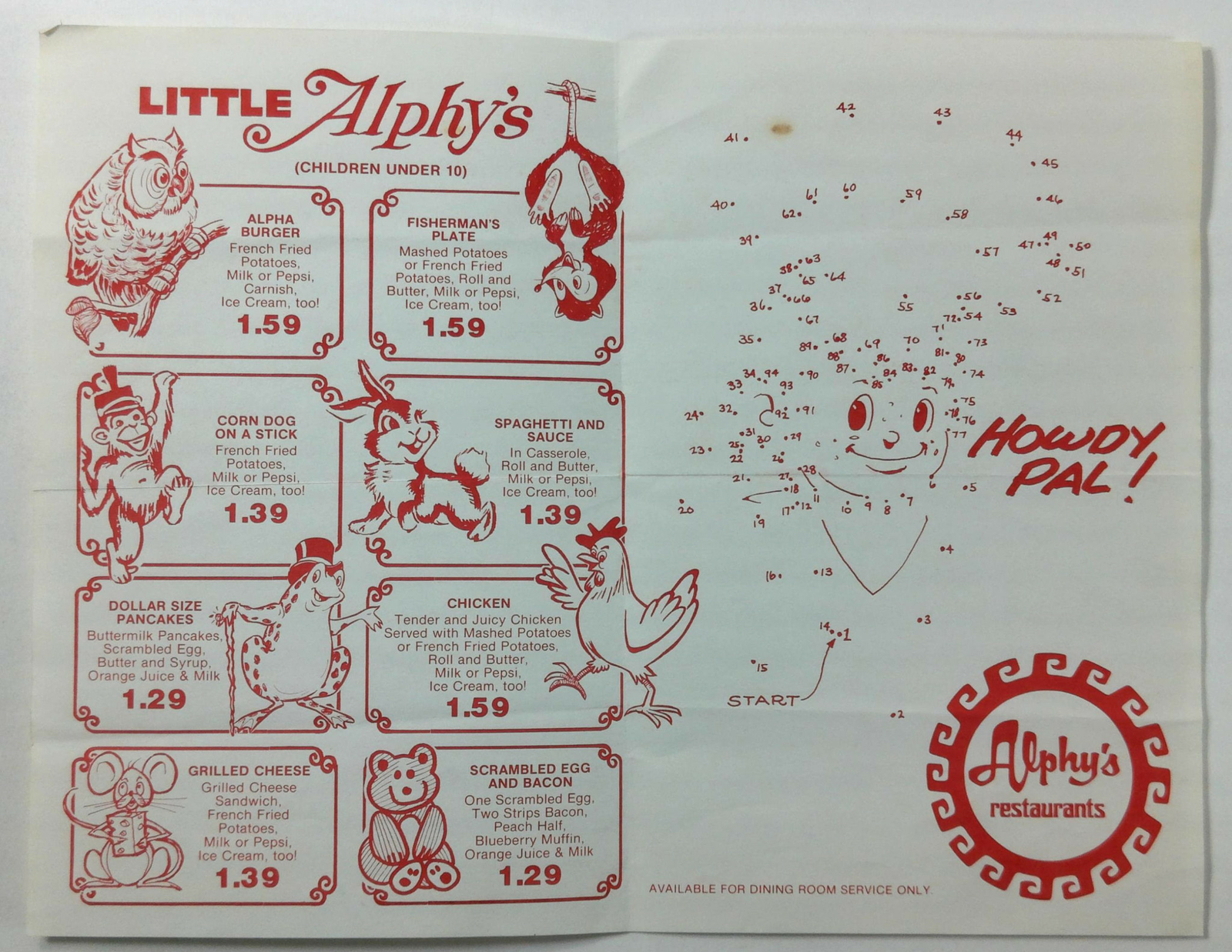 Vintage Little Kids Menu ALPHY'S RESTAURANTS | eBay