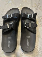 Capelli New York Womens Sandals Size 10 Silver Glitter Slip On Double Buckle