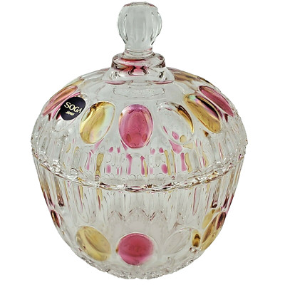 Crystal Candy Dish Soga Japan Lidded Glass Amber Cranberry Thumbprint Dots Vtg