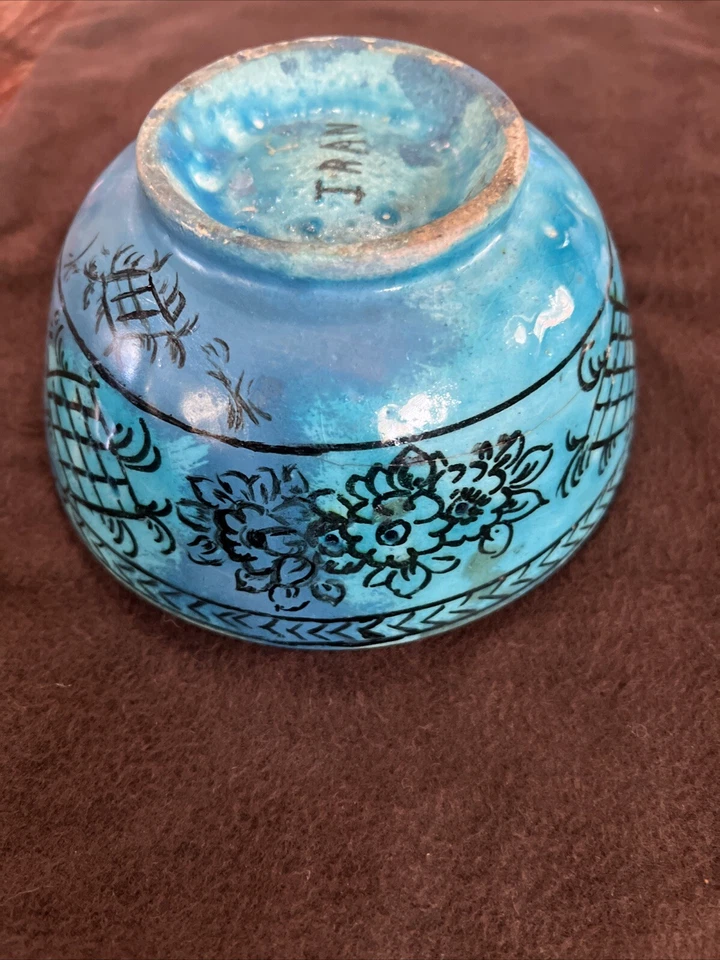 Early Antique Turquoise Blue Glazed Persian Bowl Middle Eastern Repaired RARE - Image 3 of 4