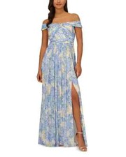 Adrianna Papell Blue Chiffon Floral Print Off-the-Shoulder Dress Size 8 $279