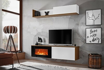 Anbauwand Wohnwand Schrankwand DALLAS E mit Elektrokamin und Push - Click Weiss