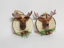 Wood Look Christmas Ornaments Moose Deer LOT OF 2 Rustic Cabin Cozy Decor Joy
