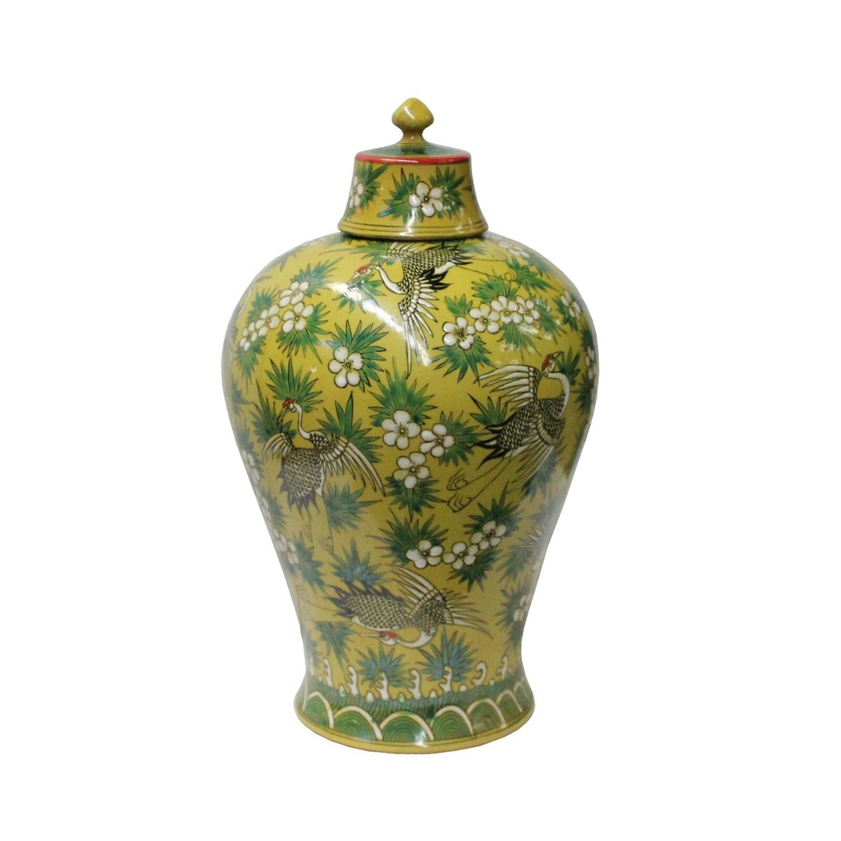 Chinese Yellow White Crane Green Leaves Porcelain Jar ws1043S Chinese Yellow White Crane Green Leaves Porcelain Jar ws1043S