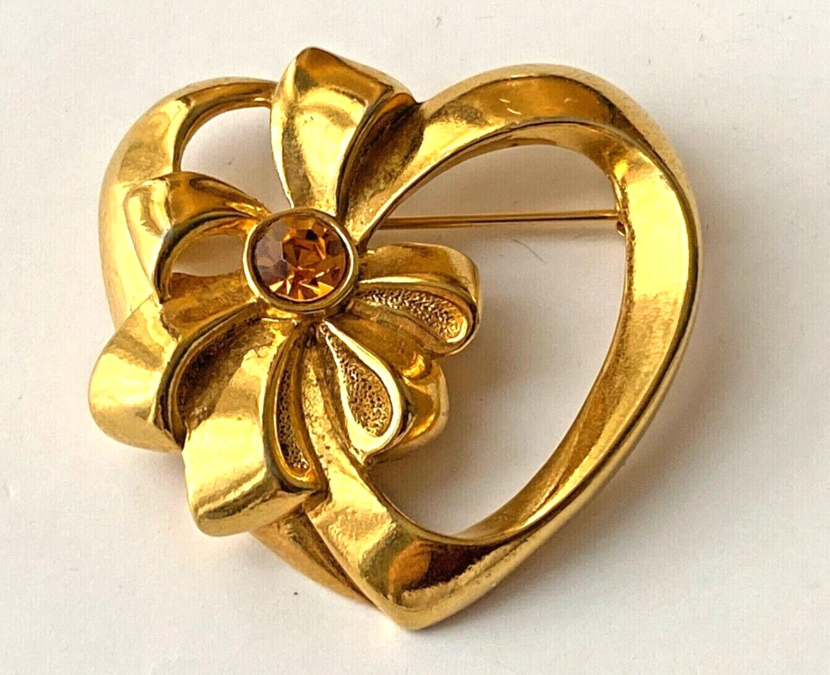 Broche Vintage Signée AVON - Cœur Avec Perles Et Pampille Poire Rouge Rubis - Bon état