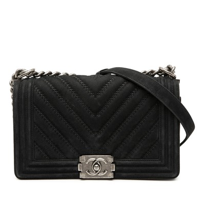 Authenticated Chanel Old Medium Chevron Suede Boy Flap Black Leather