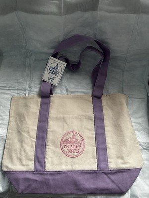 Trader Joe's Canvas Reusable Tote Bag Foldable Solid Plain Pattern Beige Purple