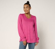 Belle by Kim Gravel Women's Top Sz XL Slub Knit Pinstripe V Neck Pink A695696