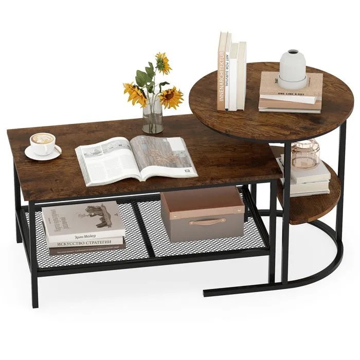 Table basse gigogne lot de 2 style scandinave effet marbre blanc et noir pour salon