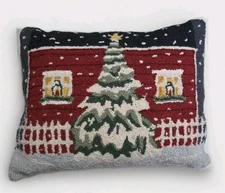Christmas Winter Throw Pillow Hooked Wool Tree Scene 16x20" Cotton Velvet Decor