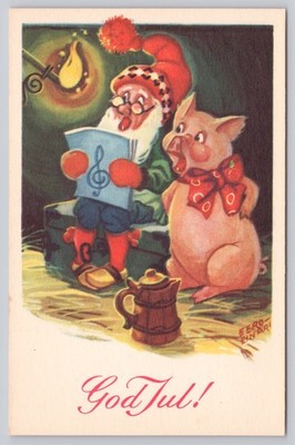Vintage Norwegian Christmas Postcard God Jul Gnome & Pig Mittet Serie 5322