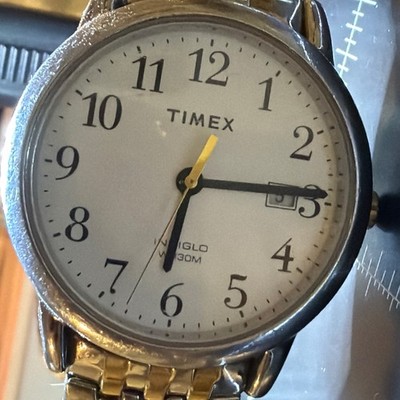 Timex Indiglo Silver/Gold with White Face Day/Date Watch WR30M Works New Battery