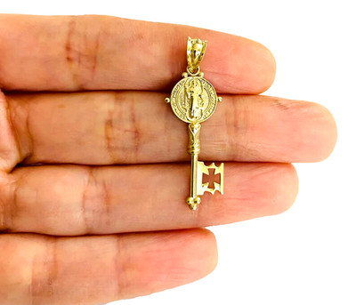 Massiver 10K Gelbgold Heiliger Benedikt Schlüssel Anhänger - 1,3'' Lav San Benito - G92