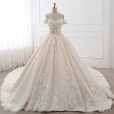 Champagne Wedding Dresses Off The Shoulder Lace Appliuqe Sweep Train Bridal Gown