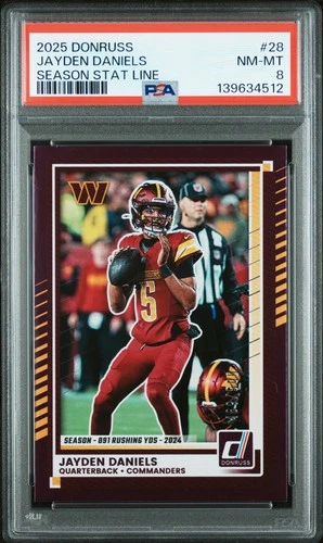 2025 PANINI DONRUSS SEASON STAT LINE #28 JAYDEN DANIELS 489/500 PSA 8