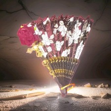 Victorian Women s Plastic Folding Hand Fan Black White Floral Burgundy Rose
