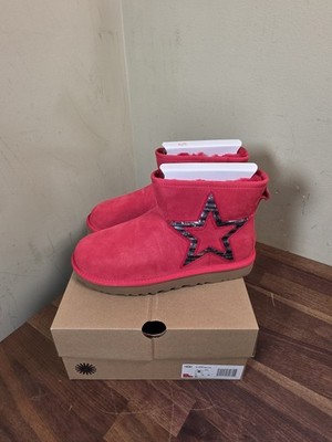 UGG CLASSIC MINI SEQUIN STARS WOMEN BOOTS SUEDE RIBBON RED US 8 /UK 6 /EU 39