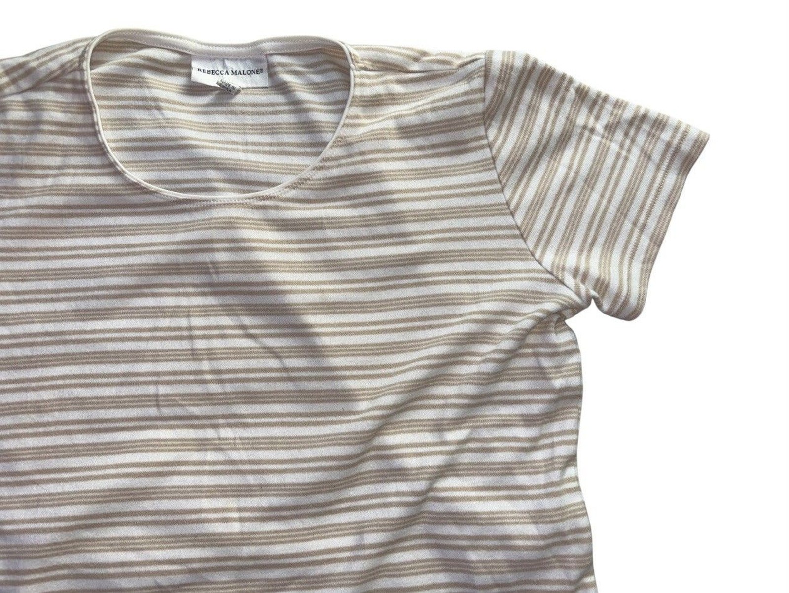 Rebecca Malone Beige & White Striped Short Sleeve Shirt Women’s Size M