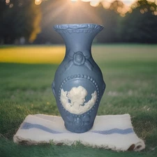 Vintage Blue Jasperware Style Vase With Cameo & 3-D Roses & Bow