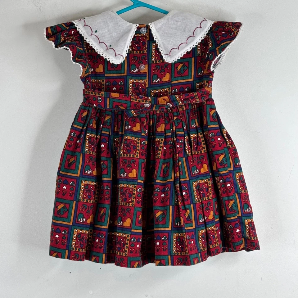 VTG 90s Christmas Dress 2T Micro Corduroy Embroidered Peter Pan Collar Cottage - Image 4 of 4