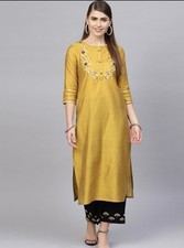 NWT Varanga Women Yellow Black Yoke Design Art Silk Kurta Palazzos Medium Indian