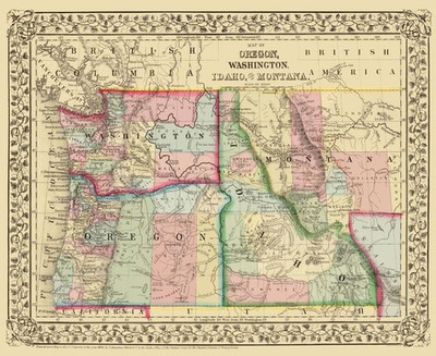 Historic State Map - Oregon Washington Idaho Montana - Mitchell 1870 - Vintage