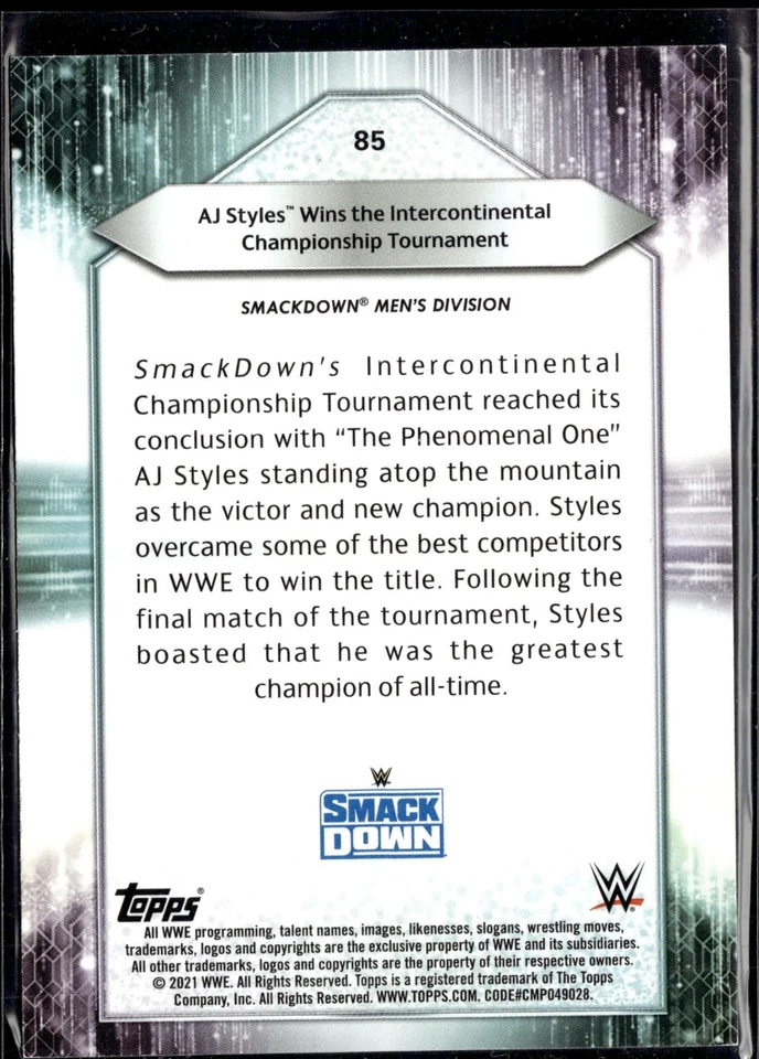 2021 Topps WWE SMACKDOWN #85 AJ STYLES SP VERSION #53/299 MADE - Image 2 of 2